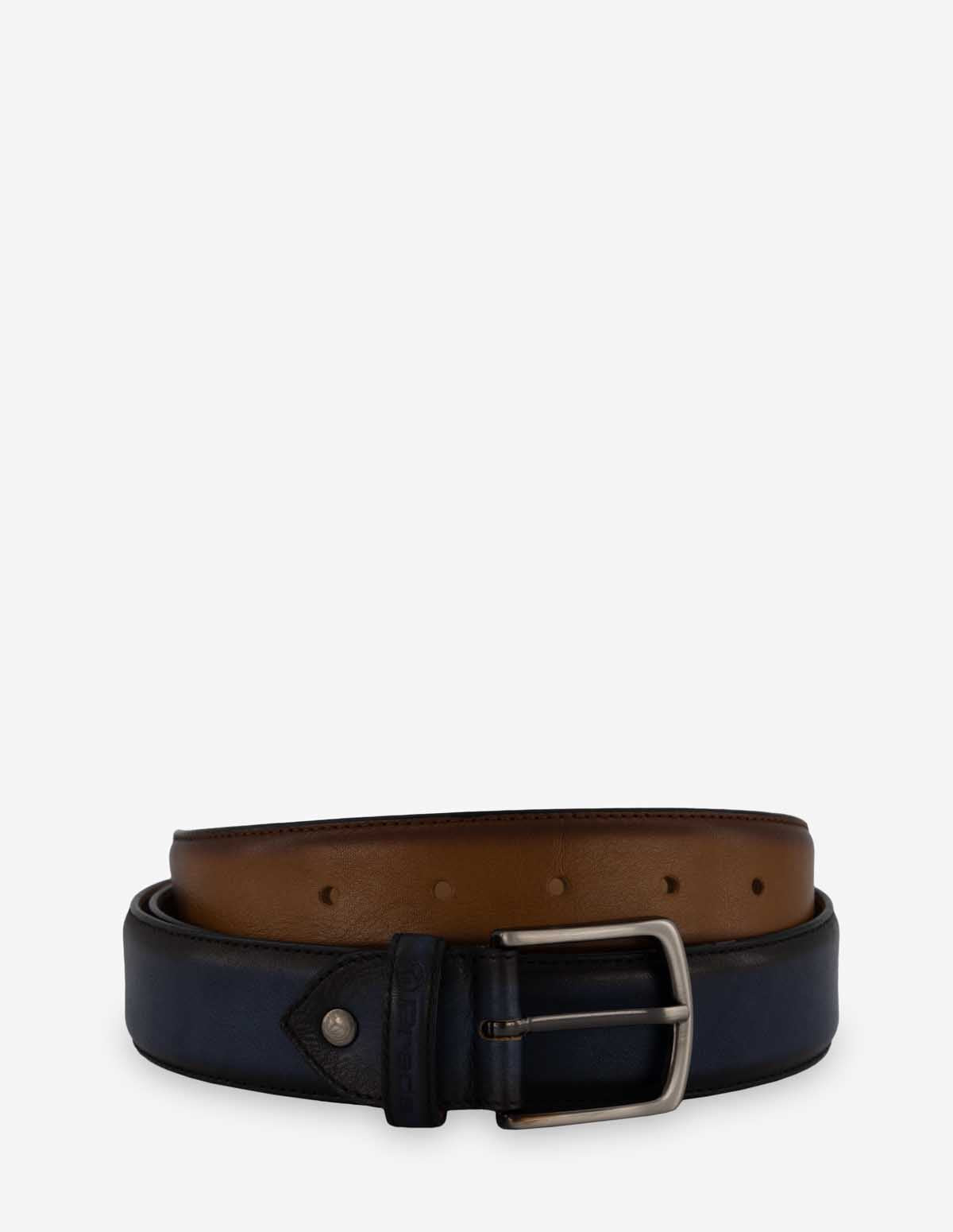 Cinturón en piel caoba con azul para hombre