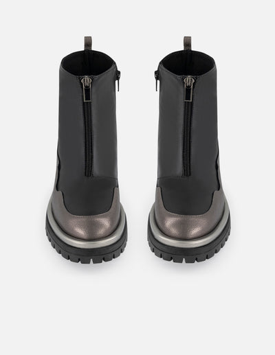 Botines color negro de piel para mujer con piel metalizada plateada