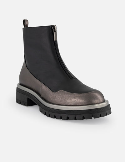 Botines color negro de piel para mujer con piel metalizada plateada