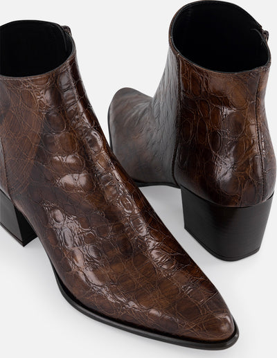 Botines café piel grabado coco para mujer
