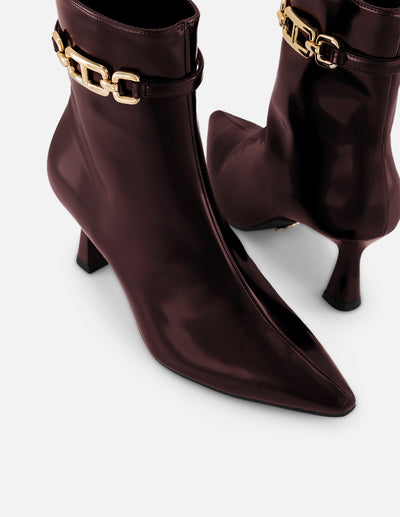 Botines vino piel vegana para mujer con cinta al tono