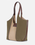 Bolso de hombro en ante con bloques de color beige y verde detalles en piel grabado serpiente para mujer