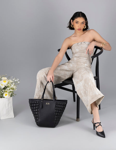 Bolso tote de nylon para mujer color negro con detalles dorados