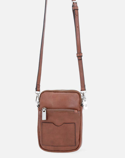 Bolso porta celular en color cuero con bandolera unisex