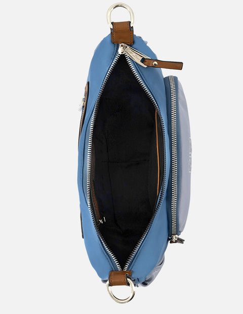Bolso de hombro de nylon color azul para mujer con detalles en contraste color blanco