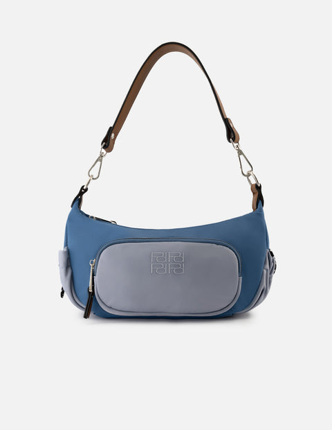 Bolso de hombro de nylon color azul para mujer con detalles en contraste color blanco