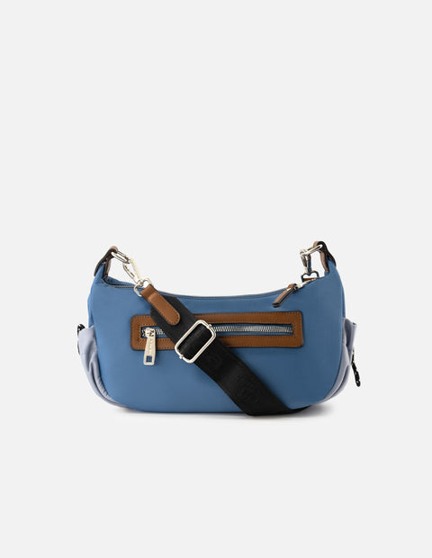 Bolso de hombro de nylon color azul para mujer con detalles en contraste color blanco