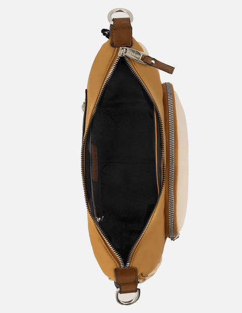 Bolso de hombro de nylon color beige para mujer con detalles en contraste color blanco