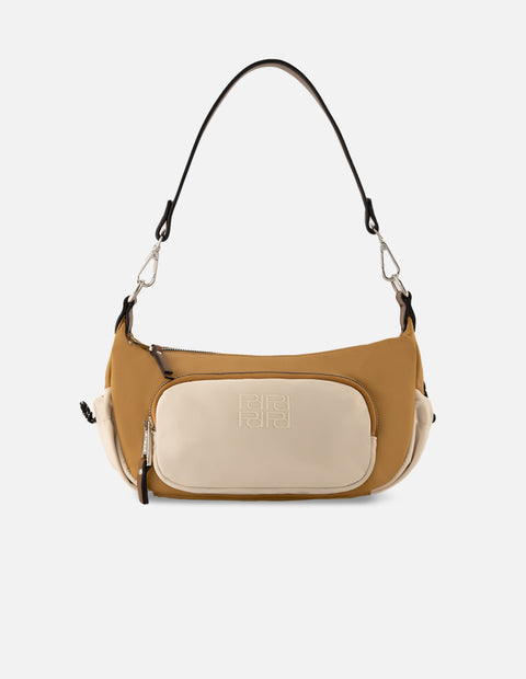 Bolso de hombro de nylon color beige para mujer con detalles en contraste color blanco