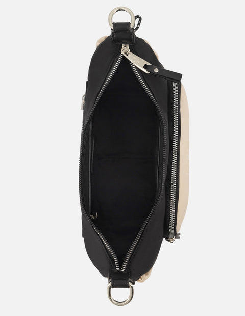 Bolso de hombro de nylon color blanco para mujer con detalles en contraste color negro