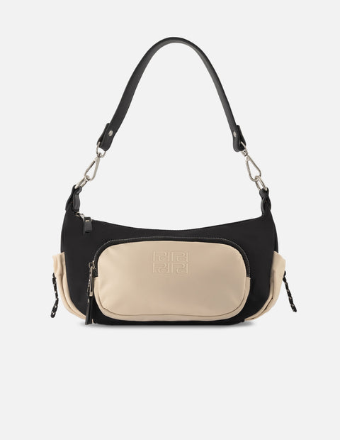 Bolso de hombro de nylon color blanco para mujer con detalles en contraste color negro