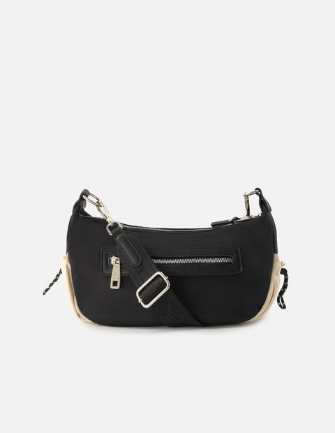 Bolso de hombro de nylon color blanco para mujer con detalles en contraste color negro