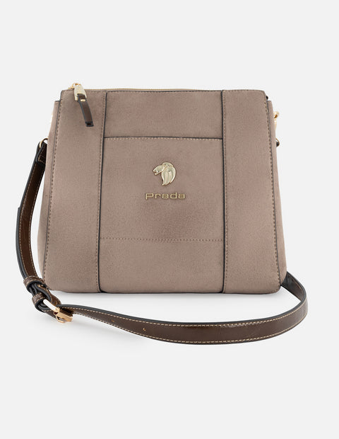 Bolso bandolera de textil color beige para mujer con detalles en piel