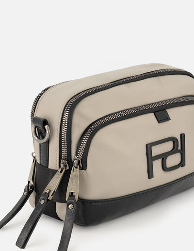 Bandolera gris en nylon para mujer con logo Pd y piel vegana