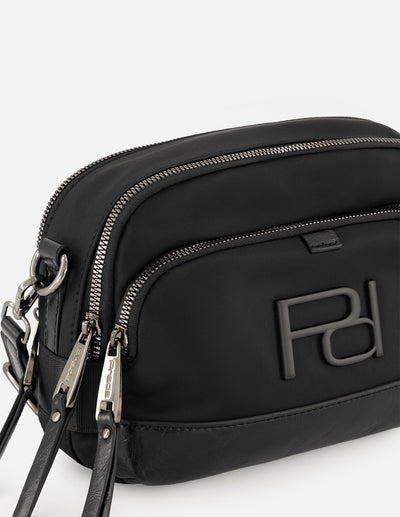 Bandolera negra en nylon para mujer con logo Pd y piel vegana