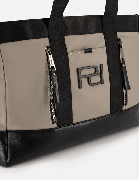 Bolso shopper gris en nylon para mujer con logo Pd al frente