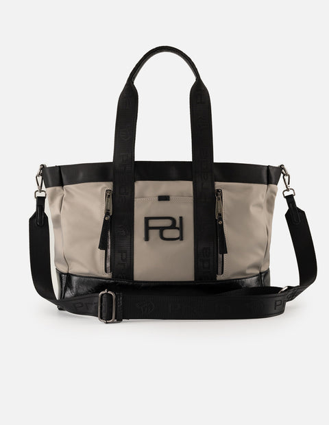 Bolso shopper gris en nylon para mujer con logo Pd al frente