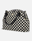 Bolso tipo bowling en pelo con cuadros de color blanco y negro con asas al hombro para mujer