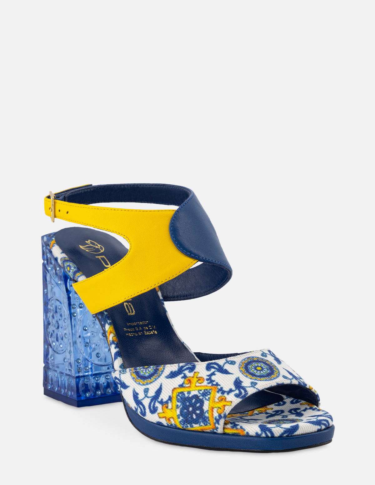 Sandalia en textil con inspiración sartorial multicolor y tacón escultural para mujer