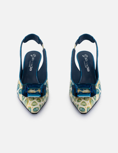 Zapatillas de charol para mujer color azul con grabado tipo coco y tacón acrílico