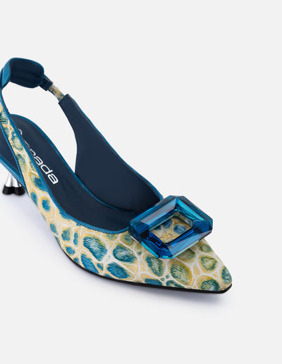 Zapatillas de charol para mujer color azul con grabado tipo coco y tacón acrílico