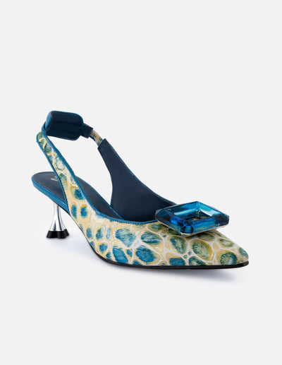 Zapatillas de charol para mujer color azul con grabado tipo coco y tacón acrílico