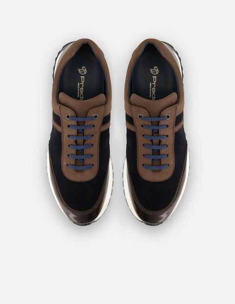 Tenis azul de piel y ante para hombre con acabado sombreado