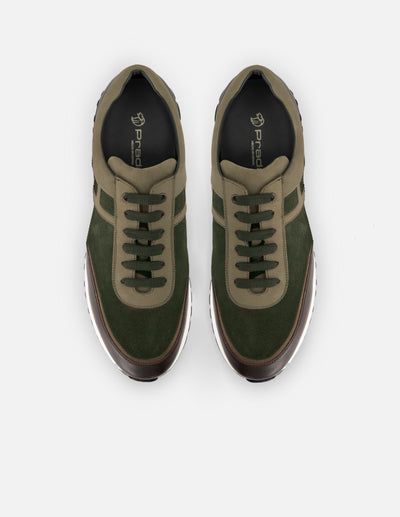 Tenis verde de piel con ante para hombre con combinación de materiales