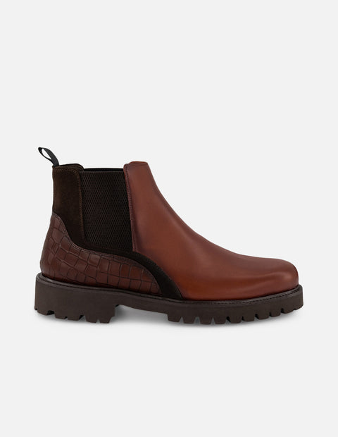 Botines Chelsea café de piel tipo coco para hombre con suela ligera