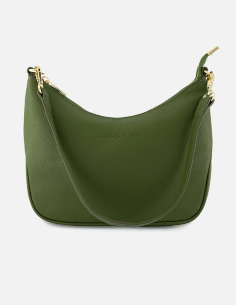 Bolso de hombro de piel para mujer color verde con detalles en color dorado