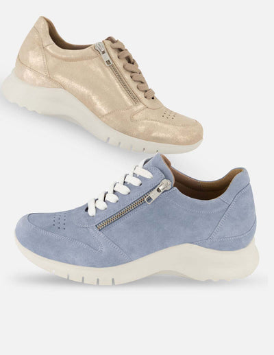 Tenis deportivo rosa de piel ante color beige con detalle de cierre para mujer