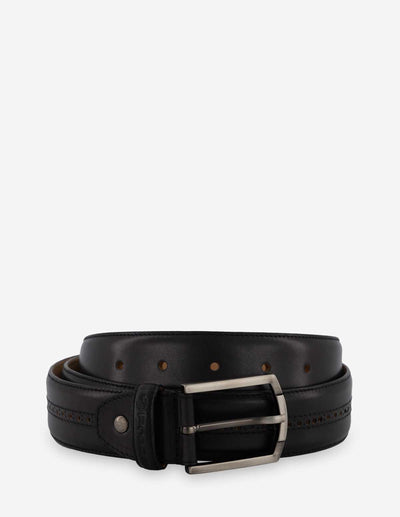 Cinturón con picado en piel color negro para hombre