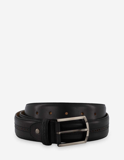 Cinturón con picado en piel color negro para hombre