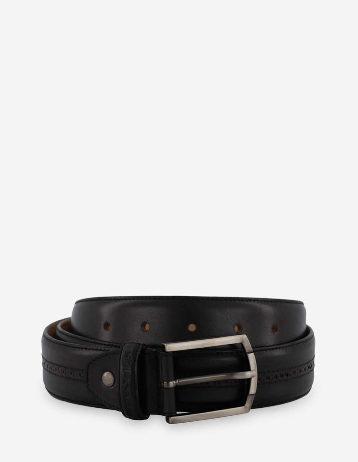 Cinturón con picado en piel color negro para hombre
