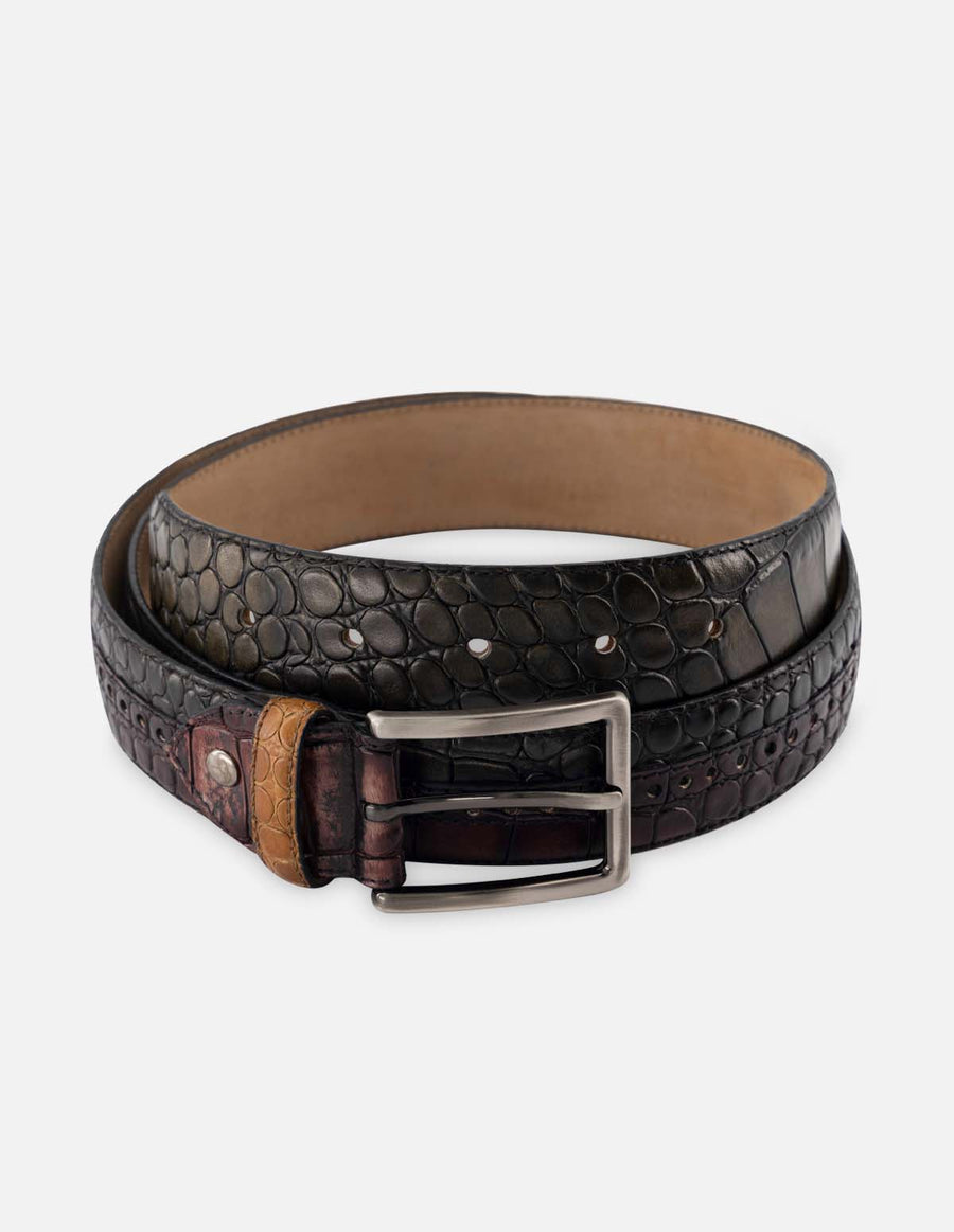 Cinturón en piel napa color azul marino con grabado tipo coco para hombre.