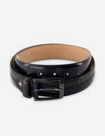 Cinturón en piel flornatik color negro con grabado tipo tejus para hombre.