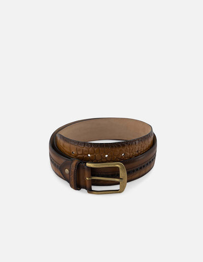 Cinturón en piel napa con grabado tipo coco color cuero para hombre