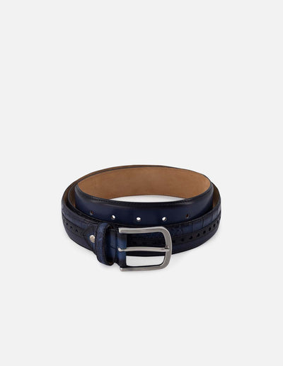 Cinturón en piel napa y grabado tipo coco color azul para hombre