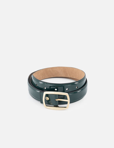 Cinturón de charol para mujer color verde con hebilla de color dorado