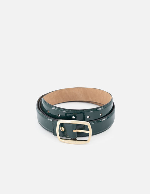 Cinturón de charol para mujer color verde con hebilla de color dorado