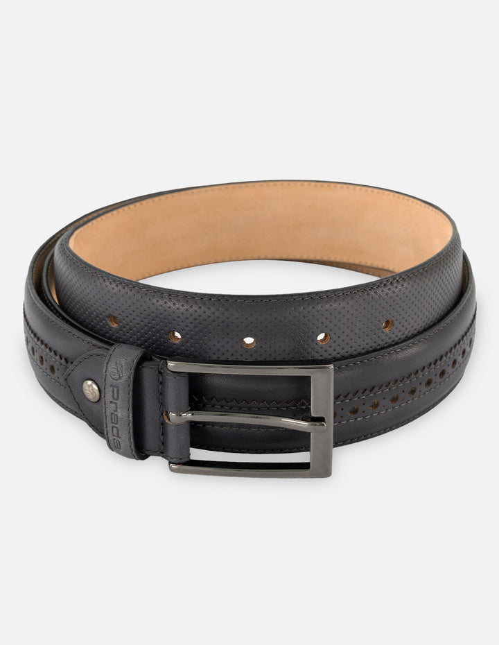 Cinturón en piel napa color gris con picado María para hombre