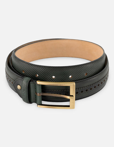 Cinturón en piel napa color verde con picado María para hombre
