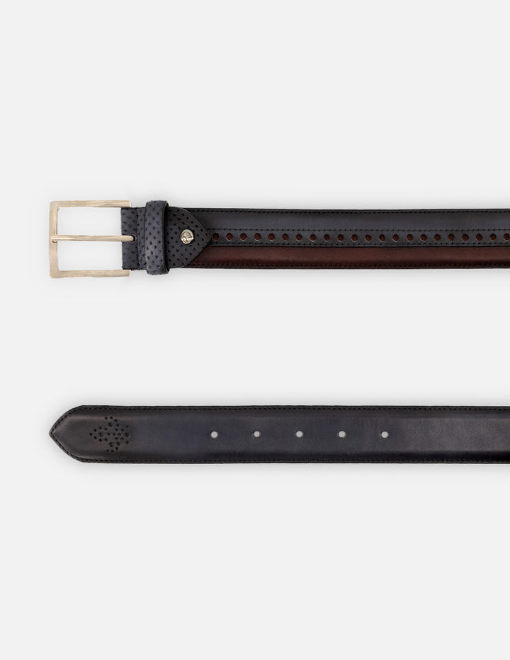 Cinturón en piel napa color azul con picado María para hombre