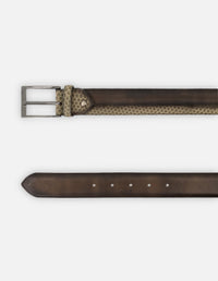 Cinturón en piel grabada color kaki para hombre