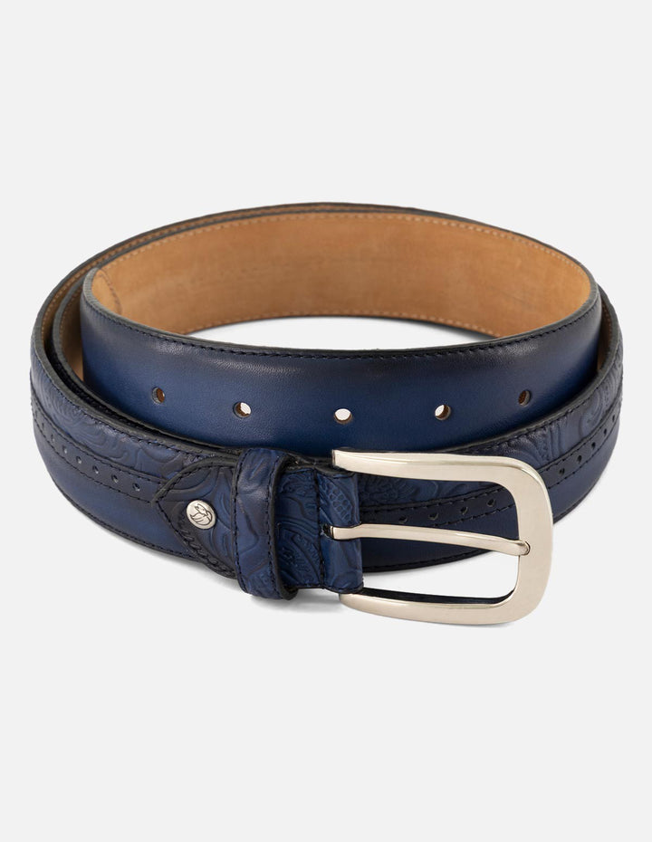Cinturón azul de piel grabada para hombre con hebilla color plateado