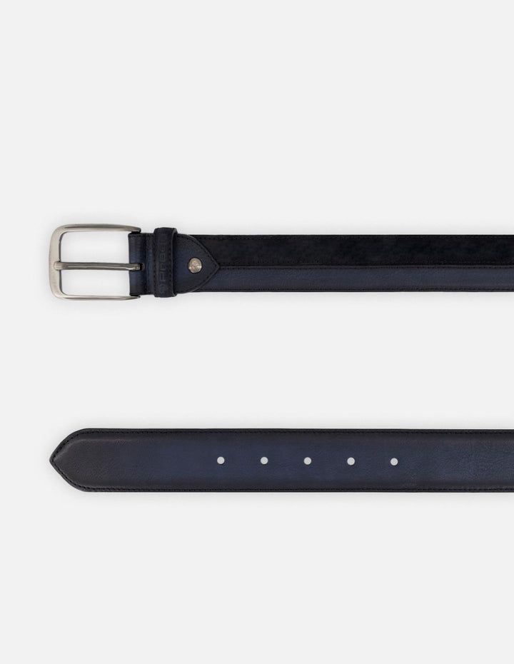 Cinturón azul de textil y napa para hombre con detalles metálicos