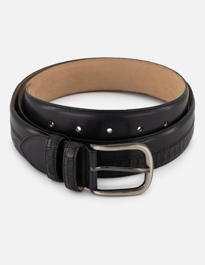 Cinturón negro piel coco para hombre con combinación materiales