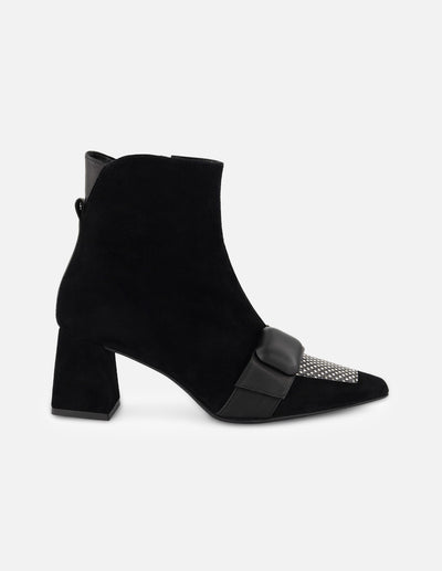 Botines negro ante para mujer con combinación de materiales