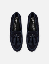 Mocasines azules para mujer con borlas y tweed
