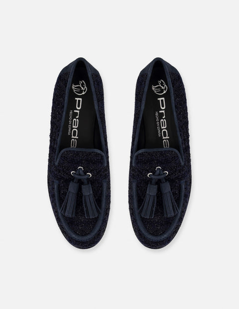 Mocasines azules para mujer con borlas y tweed